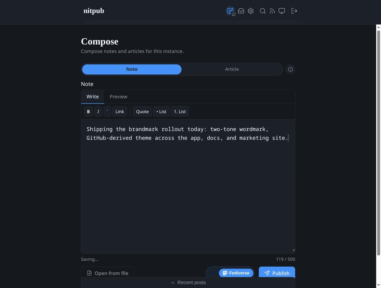 nitpub markdown compose editor with the fediverse federation toggle