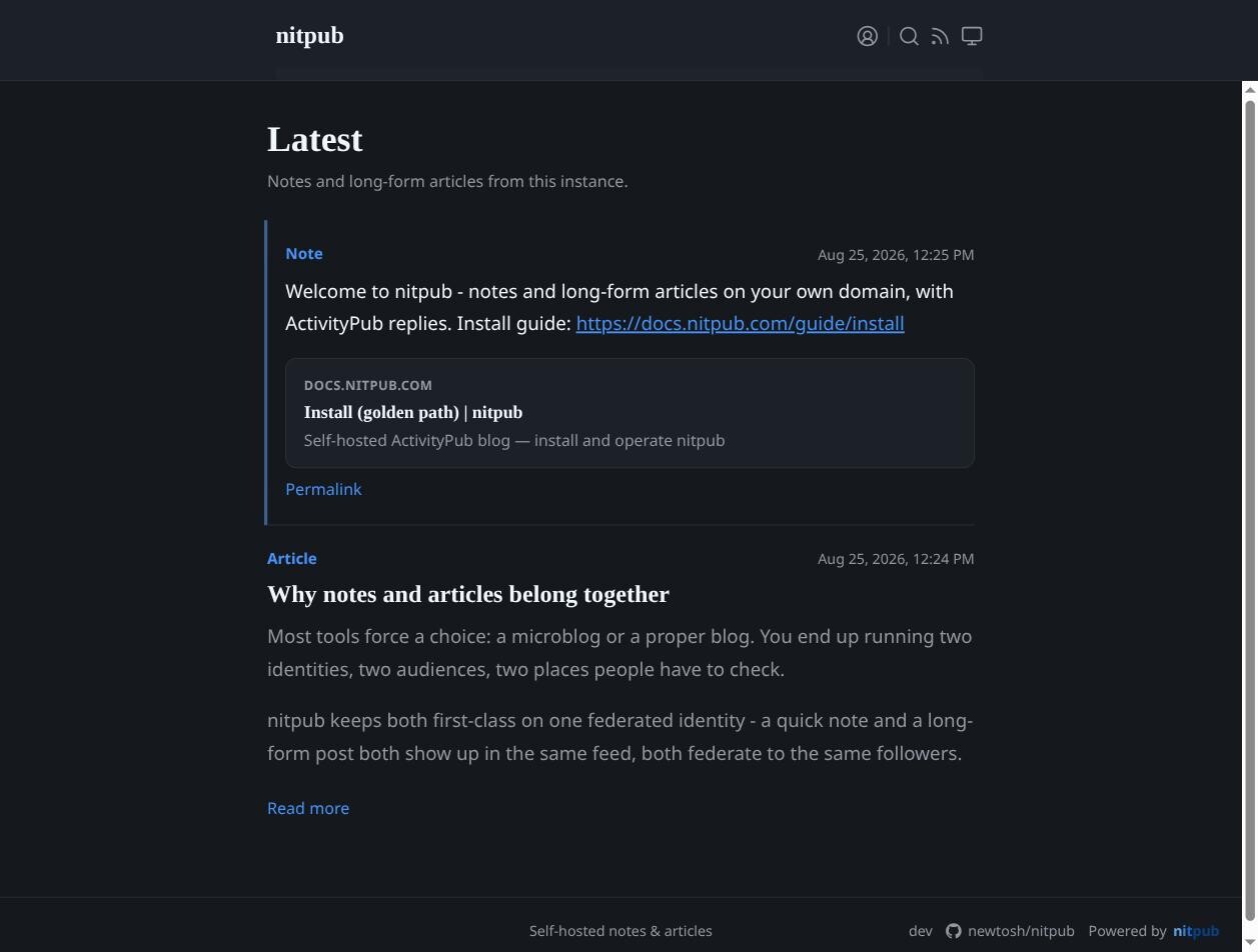 nitpub home feed showing a note and an article together, with a rendered link preview