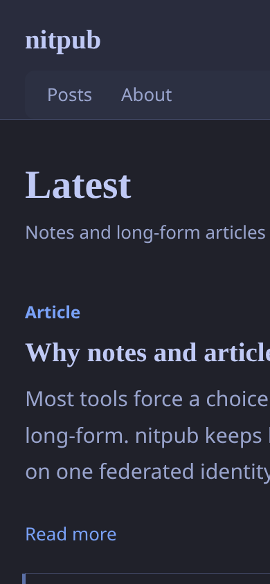 nitpub home feed showing notes and articles