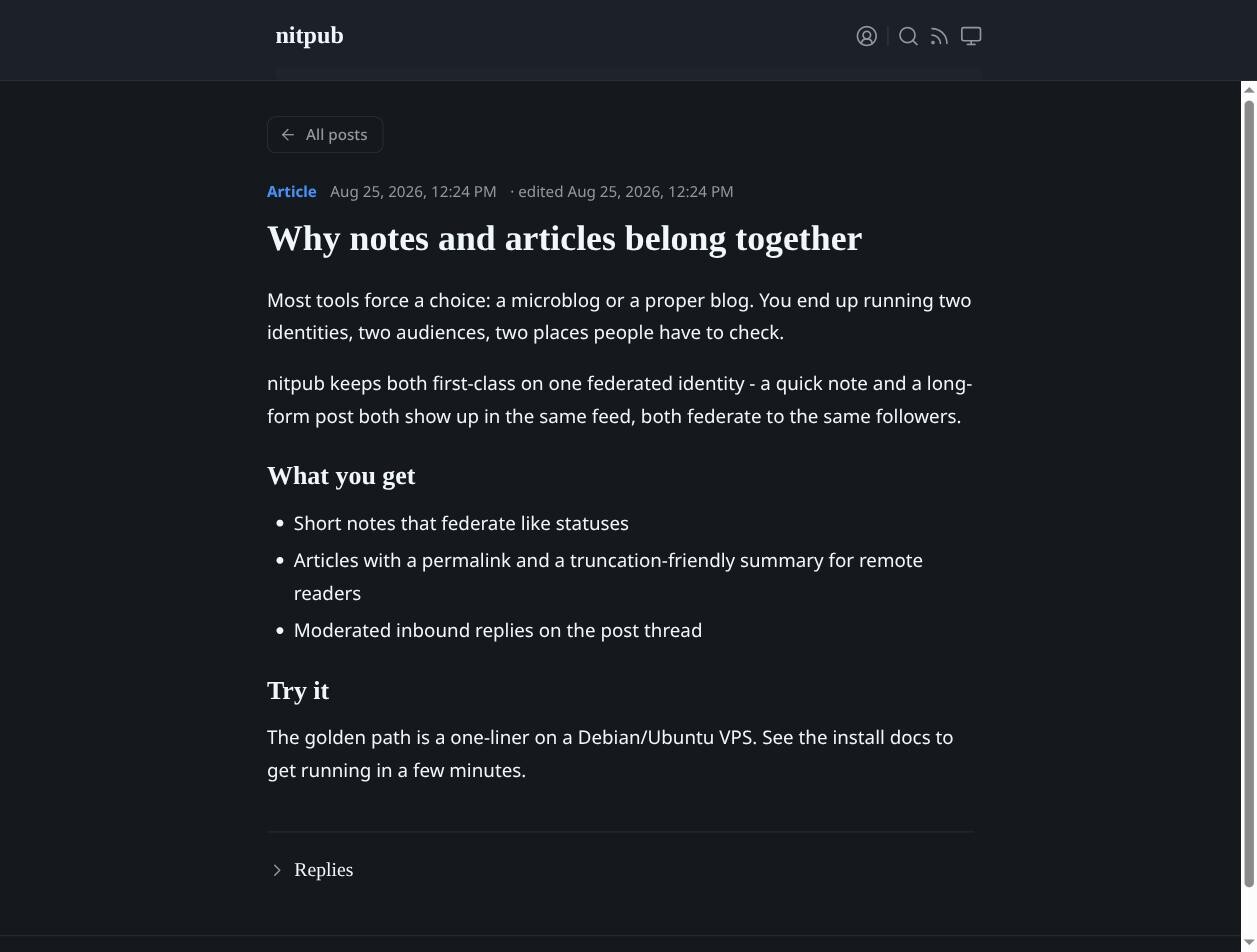 nitpub article permalink with a replies section for moderated federated responses